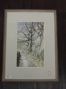 A watercolour, Janes Ingham Riley, woodland path, signed, 33 x 20cm, framed and glazed