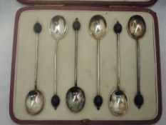 A cased set of silver coffee spoons having coffee bean knops, Sheffield 1914, Mappin & Webb Ltd,