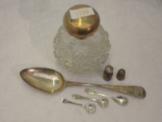 A small selection of HM silver and white metal including spherical glass perfume bottle with