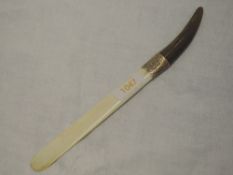 A Victorian page turner having ivory blade and horn handle with engraved silver collar, Birmingham