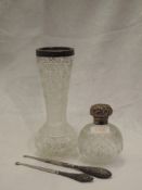An Edwardian cut glass vase having silver collar, London 1905, Robert Pringle & Sons, a Victorian