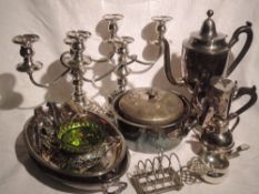 A selection of silver plate including Sheffield plate tall coffee pot having fruitwood handle,