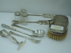 A small selection of HM silver and white metal including clothes brush, glass pepperettes and