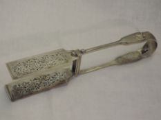 A Victorian silver pair of Asparagus tongs having pierced foliate decoration to blades and moulded
