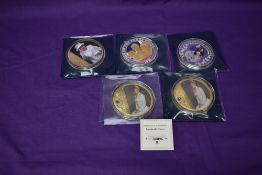 Five Royalty Large Medallions, approx 7.6cm, Diana x2, Queen Elizabeth, The Three Kings and Duke and