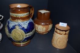 A selection of antique jugs including Queen Victoria Royal Doulton and similar Doulton
