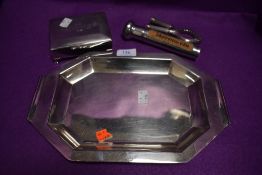 A small lot containing a vintage cigarette box, wine thermometer and grips,and a tray.