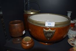 A selection of treen items including oak and plated fruit bowl and biscuit barrel both having