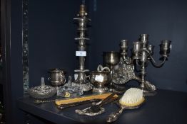 A mixed lot of Plated ware and similar including lamp stand, candlestick holder, dressing table