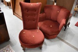 Two deep red dralon chairs, including nice Art Deco style low seat armchair and button back