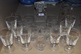 A collection of glass including Stuart and Webb Corbett items such as decanters,jug and tumblers are