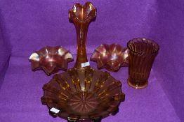 A selection of vintage pressed glass including carnival glass.