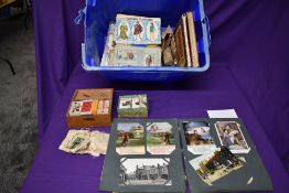 A collection of Cigarette Cards, Post Cards, Stamps & Covers, in albums and loose and a poster for