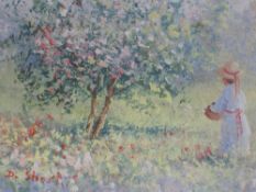 An oil painting, D Short, flower picking, signed, 10 x 14cm, framed and glazed