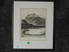 An etching, John Fullwood, Honister Crag Buttermere, signed, 22 x 19cm, framed and glazed
