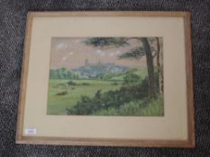 A watercolour, E S Bayley, Lancaster from surrounding countryside, signed and dated 1890, 26 x 36cm,