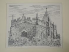 A pen and ink sketch, Alfred Wainwright, Llaneilian Church, signed, 17 x 21cm. Given to the vendor