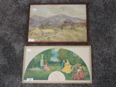 A watercolour, mountainous landscape, 25 x 35cm, framed and glazed, and a silk print, after Dudley
