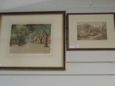 An etching, after Tatton Winter, Avignon, signed, 28 x 35cm, framed and glazed and a watercolour,