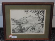 A print, after Alfred Wainwright, Langdale Pikes from Chapel Stile, 18 x 22cm, framed and glazed