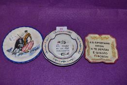 A selection of Italian ceramics including motto monogrammed dishes