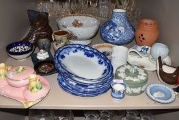 A vintage ceramic Royal Winton dressing table set, various antique blue and white plates and a