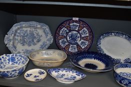 A selection of blue and white wear ceramics including Spode Copelands green stamped dish