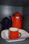 A selection of vintage enamel kitchenalia.