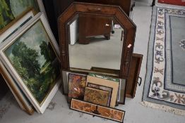 A selection of decorative pictures, oak tray and canted wall mirror