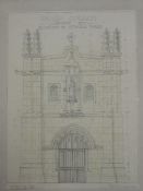 A pen and ink sketch, after A L Byrom, Paley and Austin, architect plans, Parish Church of Lancaster