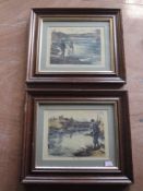 A pair of reproduction prints, AWC, fishing, 15 x 20cm, plus frame and glazed
