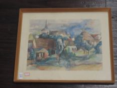 A print, in the style of Buffet, French landscape, 30 x 40cm, plus frame and glazed