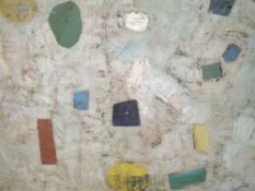 An oil painting, Kaposy, Cosmos number 2, signed and dated (19)61, and attributed verso, 63 x 76cm