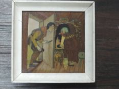 An oil painting, K Larson, Scandi folklore, signed and dated 1937, 24 x 24cm, framed