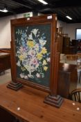 An antique fire or privacy screen having embroidery front