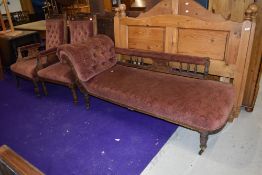 A late Victorian or Edwardian chaise longue and two similar chairs, one having arms