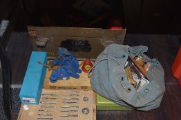 A selection of garage work shop tools including Eclipse surface gauge and Record no.130 clamps