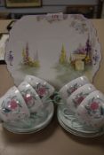 A selection of tea wares by Shelley including cake plate and six tea cups and saucer sets