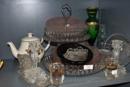 A selection of clear and colour pressed and cut glass wares including tazza fuit bowl candle