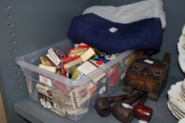 A selection of tobacco smokers items and ephemera including wooden dog head box and union jack flag