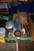 A mixed box of items, including millitary or similar canvas bag, mincer, vintage address stamp,