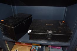 Two metal deed or similar cases or boxes