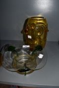 Two pieces of art glass a yellow knopped White Friars style mid century vase and green stripped