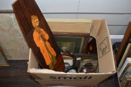 A selection of prints and frames including two treen inlayed clowns