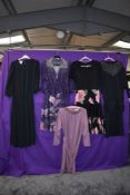 Five 1970s to early 80s dresses, including pale pink Carnegie dress.