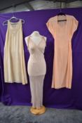 Three vintage nightdresses, one beautiful bias cut 1930s in a semi sheer fabric with delicate dot
