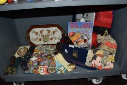 A selection of sew on travel patches and similar including embroidery tray