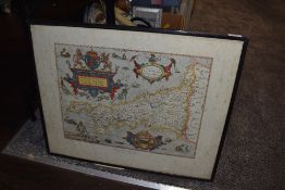 A vintage full colour map in Latin of Saxtons map of Cornwall by the British Museum