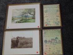 A watercolour, H H, river landscape, initialled, 19 x 28, plus frame and glazed and a a pair of