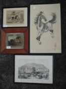 A selection of pictures inc mixed media, cottage, 14 x17cm, plus frame and glazed
